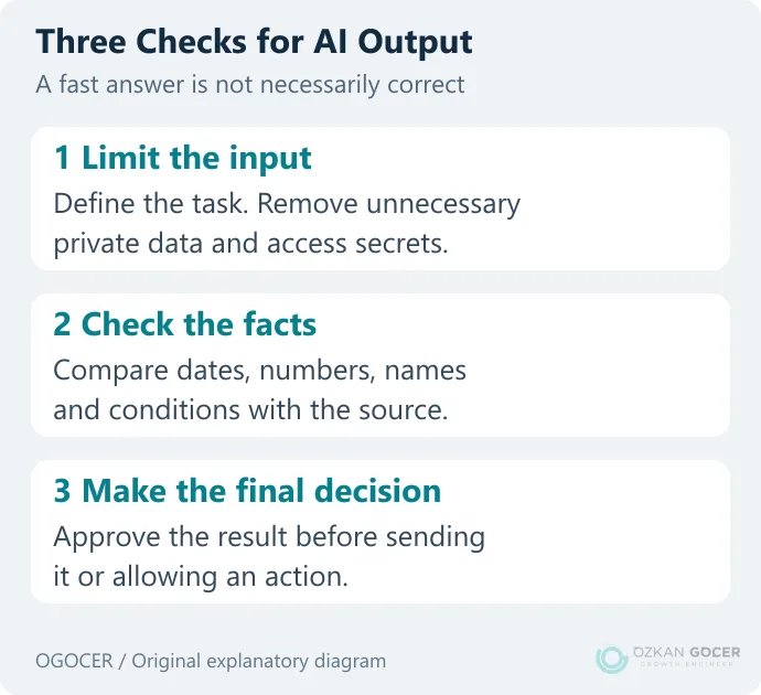 Three checks covering permitted input, factual accuracy in the output and final human approval