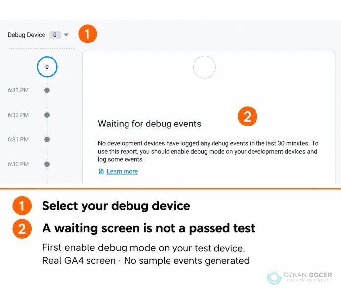 GA4 DebugView showing zero debug devices and Waiting for debug events, with numbered English guidance