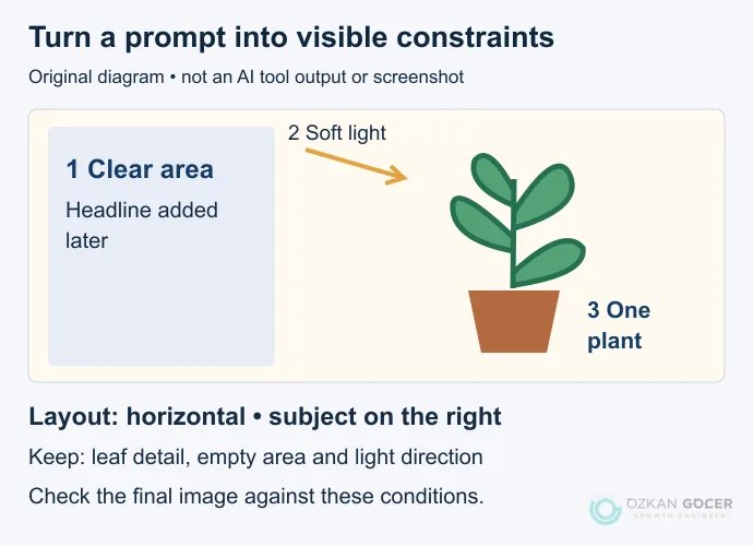 Original diagram mapping a prompt to a clear headline area, light direction and one plant on the right