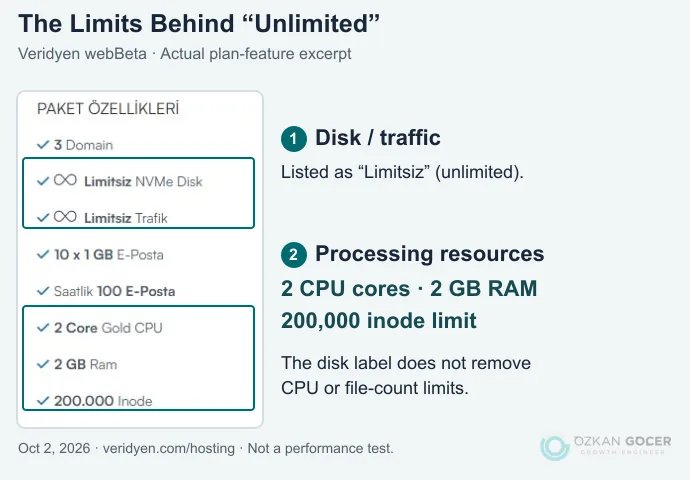 Veridyen webBeta screen showing unlimited disk and traffic alongside 2 CPU cores, 2 GB RAM and 200,000 inodes