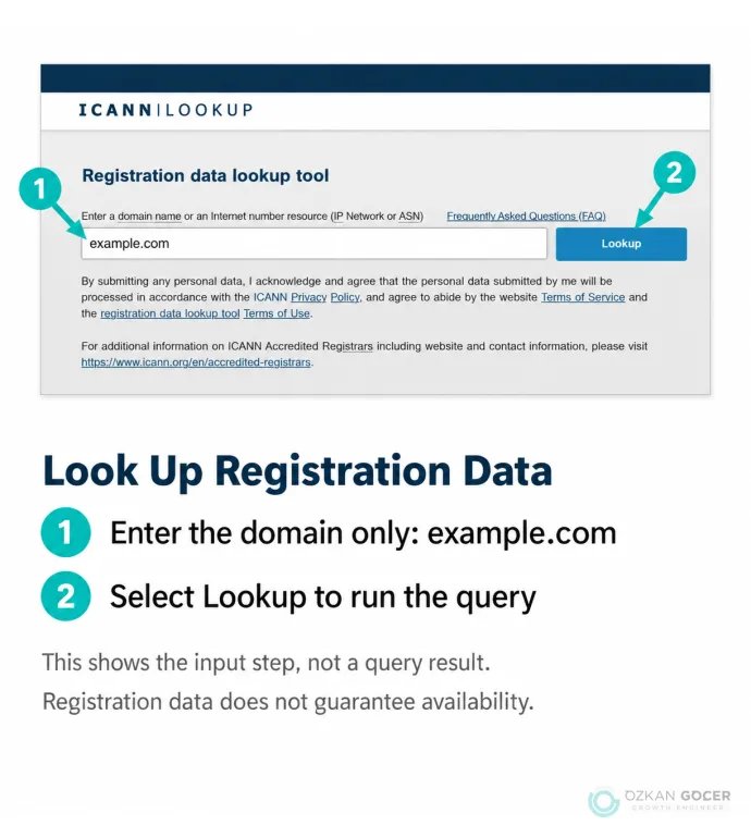 Real ICANN Lookup input screen showing where to enter a domain and select Lookup