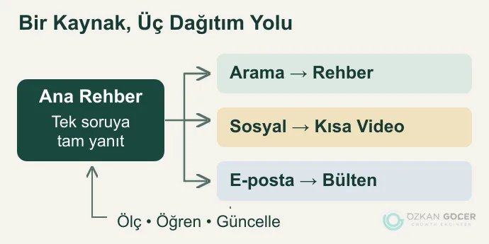 Bir ana rehberin arama, kısa sosyal video ve e-posta bülteniyle dağıtılması; sonuçların güncellemeye dönmesi