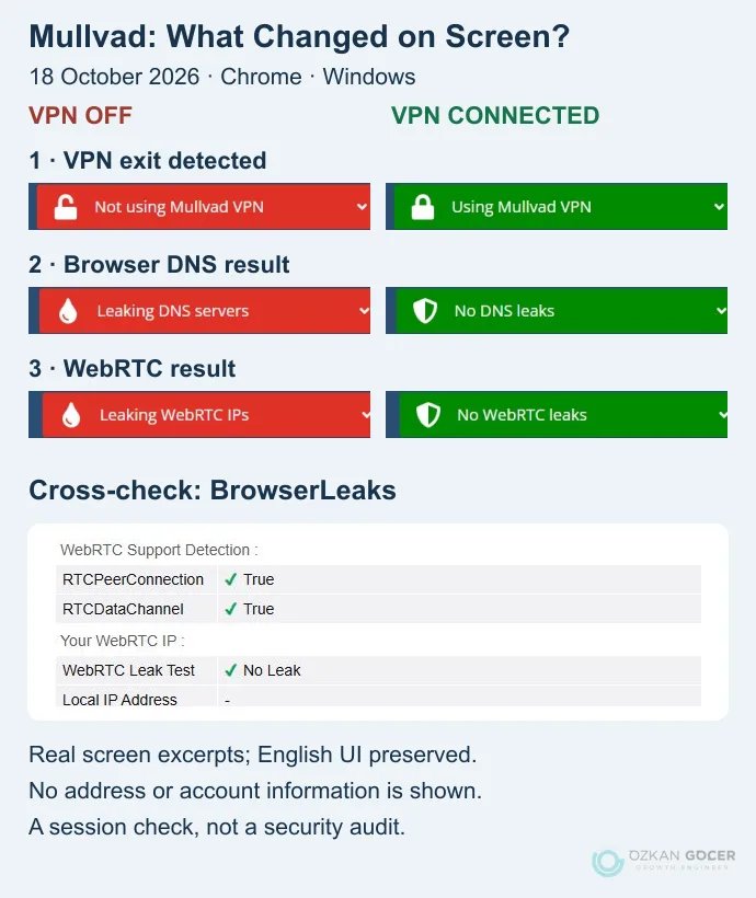 Actual VPN-off and Mullvad-connected IP, DNS and WebRTC indicators, with a BrowserLeaks cross-check