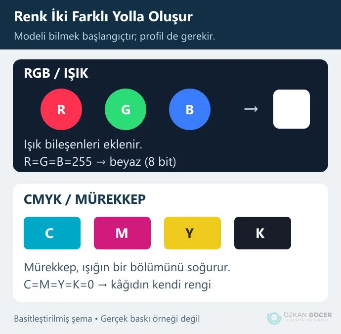 RGB ışık bileşenleri ile CMYK mürekkep bileşenleri ve beyazın iki ortamda oluşumu