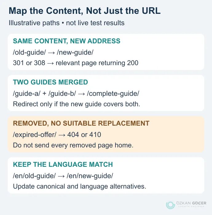 Example URL mappings for unchanged content, merged guides, removed pages and English alternatives