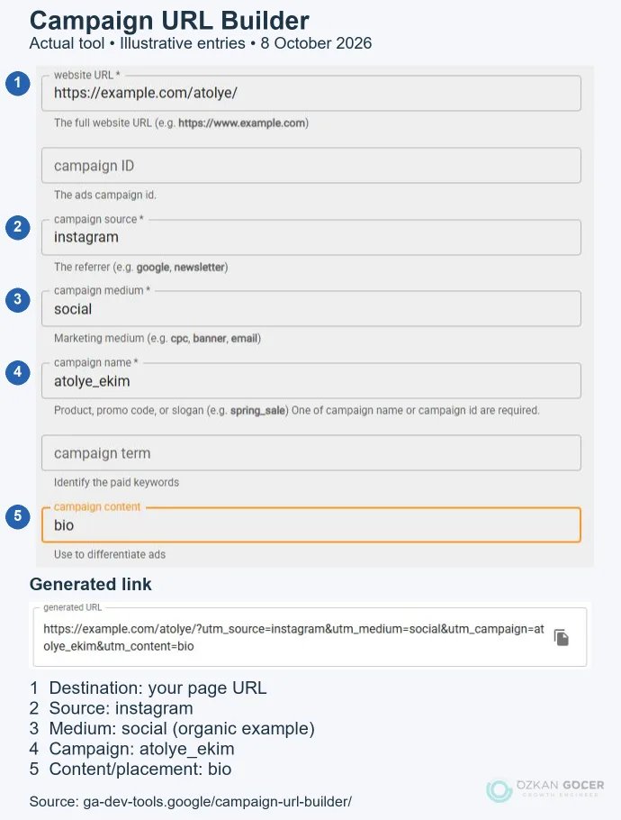 Actual Campaign URL Builder screen with an example destination, instagram source, social medium, atolye_ekim campaign and bio placement; five numbered fields