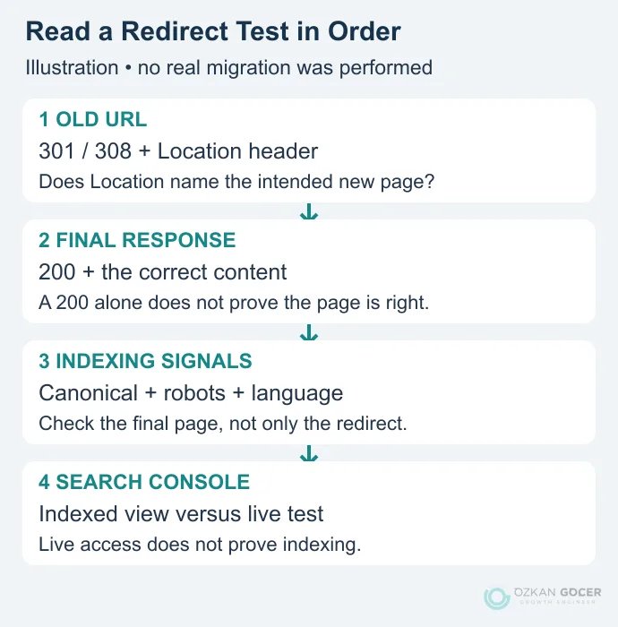 Four checks from the old URL response to destination content, indexing signals and Search Console
